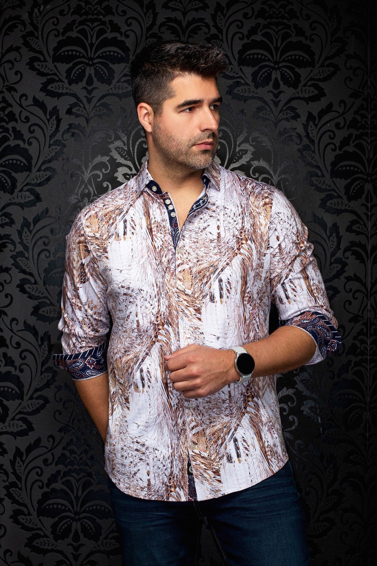 Au Noir men's white and brown patterned button-up shirt with navy contrast cuffs, front model view