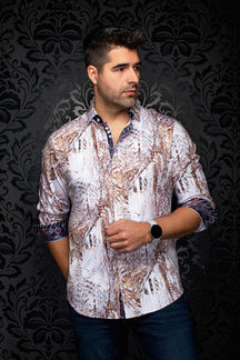 Au Noir men's white and brown patterned button-up shirt with navy contrast cuffs, front model view