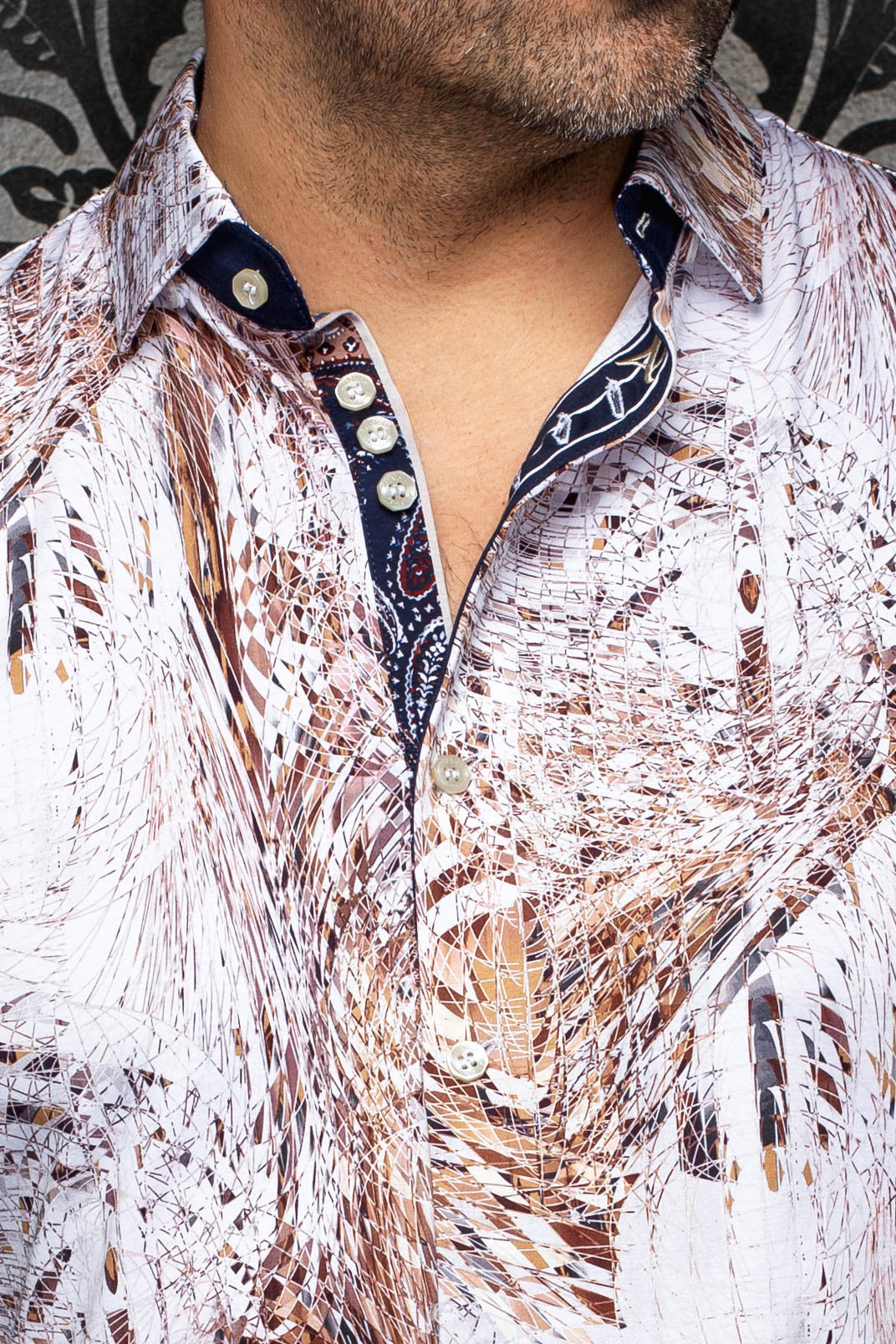 Au Noir men's white and brown patterned shirt collar with navy contrast placket and light buttons, close-up