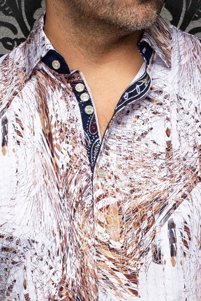 Au Noir men's white and brown patterned shirt collar with navy contrast placket and light buttons, close-up