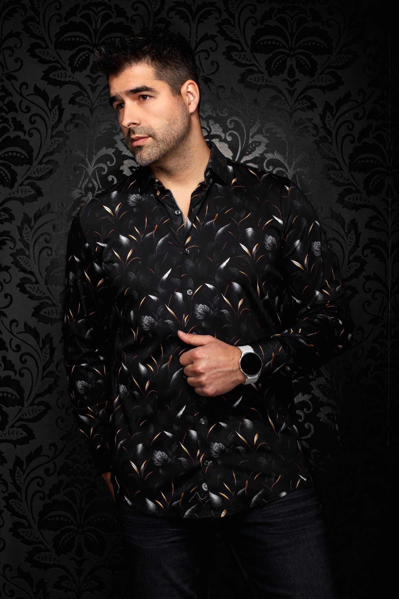 Au Noir men's black floral button-up shirt with gray flowers and orange leaf accents shown from the front