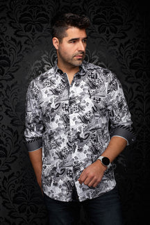 Au Noir men's white button-up shirt with black and gray floral print and rolled cuffs, front model view