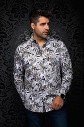 Au Noir men's white floral button-up shirt with long sleeves and dark contrast placket, front model view