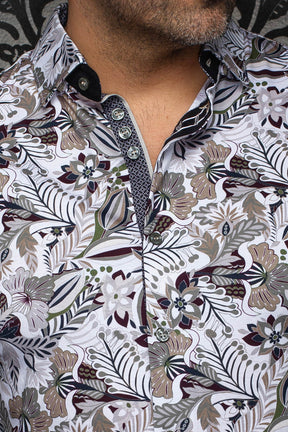 Au Noir men's white floral shirt collar, button placket and dark patterned inner trim, close-up