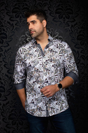 Men's angled model view of a white floral button-up shirt with rolled cuffs and dark contrast details, side view by Au Noir