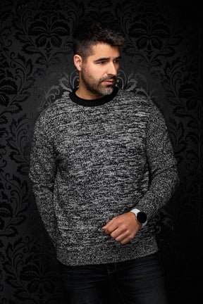Front view of gray marled crewneck knit cashmere sweater with black ribbed trim on a male model by Au Noir