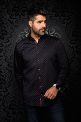 Au Noir men's black button-up shirt with red buttons and small red and gray geometric print, front model view