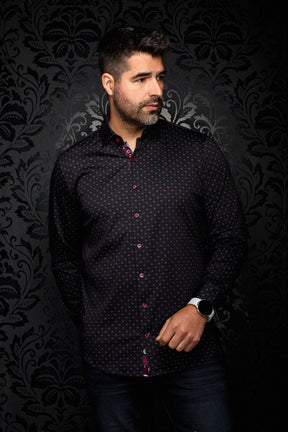 Au Noir men's black button-up shirt with red buttons and small red and gray geometric print, front model view