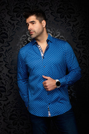 Chemise bleue à motifs vue de face avec col ouvert, manches longues et boutons foncés pour homme par Au Noir