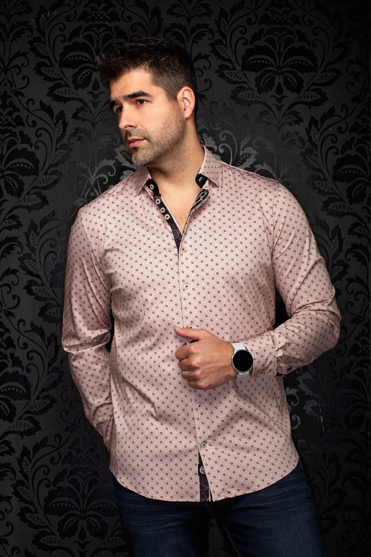 Au Noir men's pink geometric-print button-up shirt with black contrast inner placket, front model view