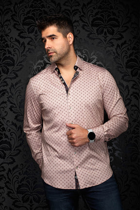 Chemise rose à motif géométrique avec patte intérieure noire contrastante pour homme par Au Noir, vue avant