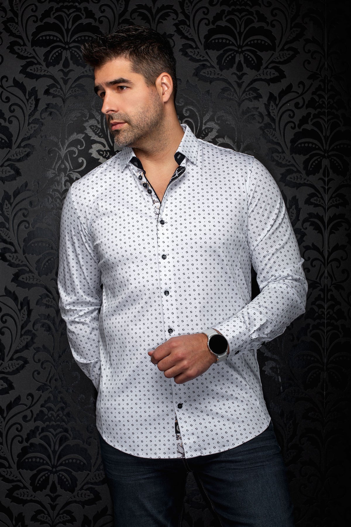 Au Noir men's white printed button-up shirt with black buttons and small geometric pattern, front view