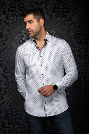 Chemise blanche imprimée à boutons noirs et petit motif géométrique pour homme par Au Noir, vue de face