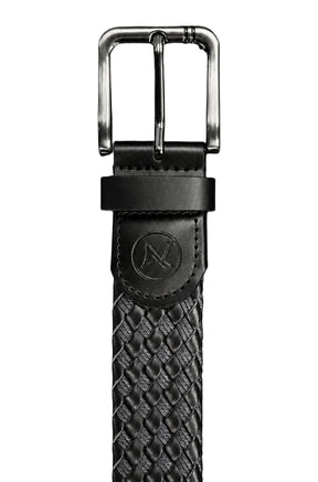 Au Noir men's black braided belt with rectangular metal buckle and embossed logo tab, close-up