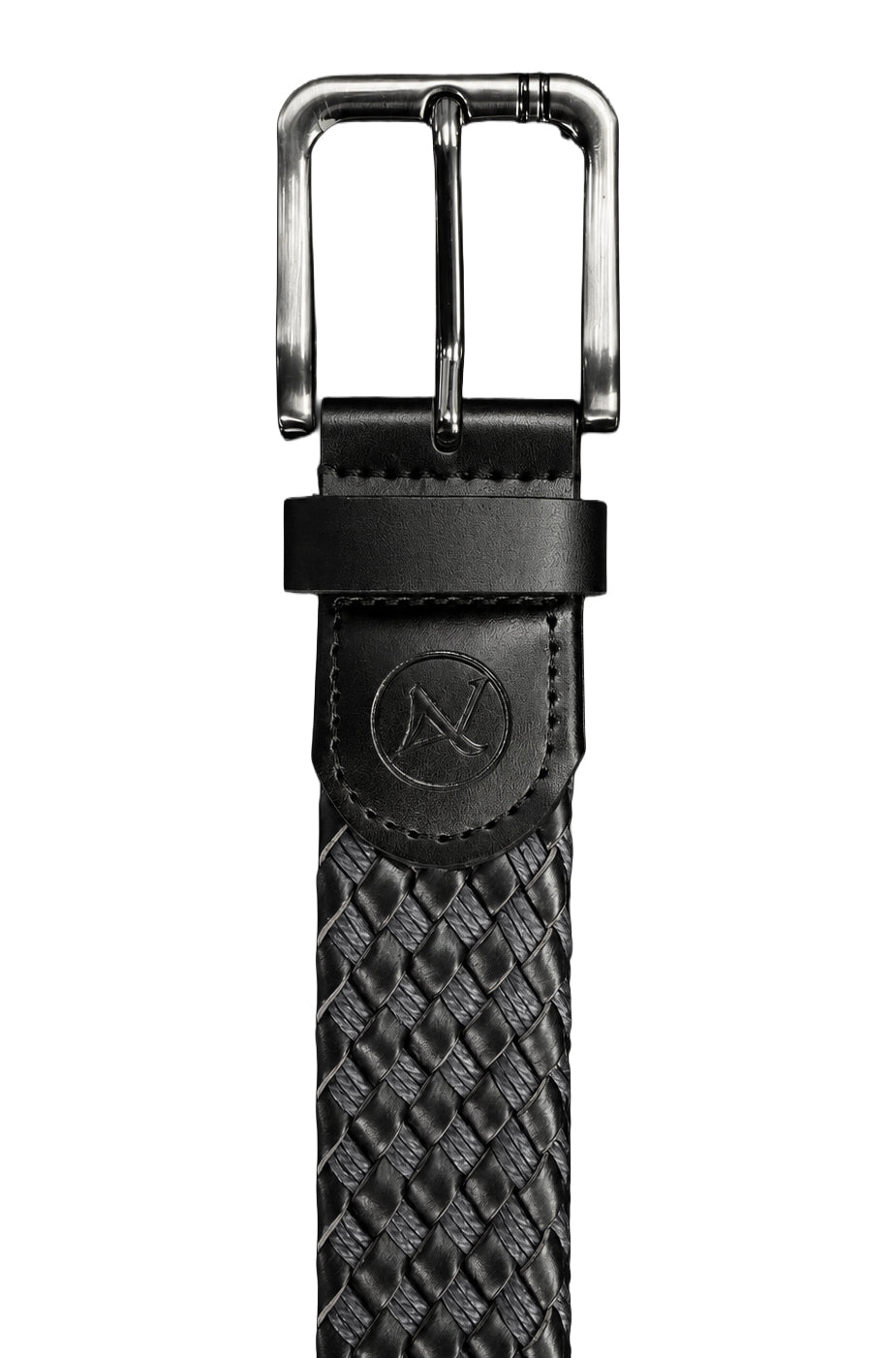 Au Noir men's black braided belt with rectangular metal buckle and embossed logo tab, close-up
