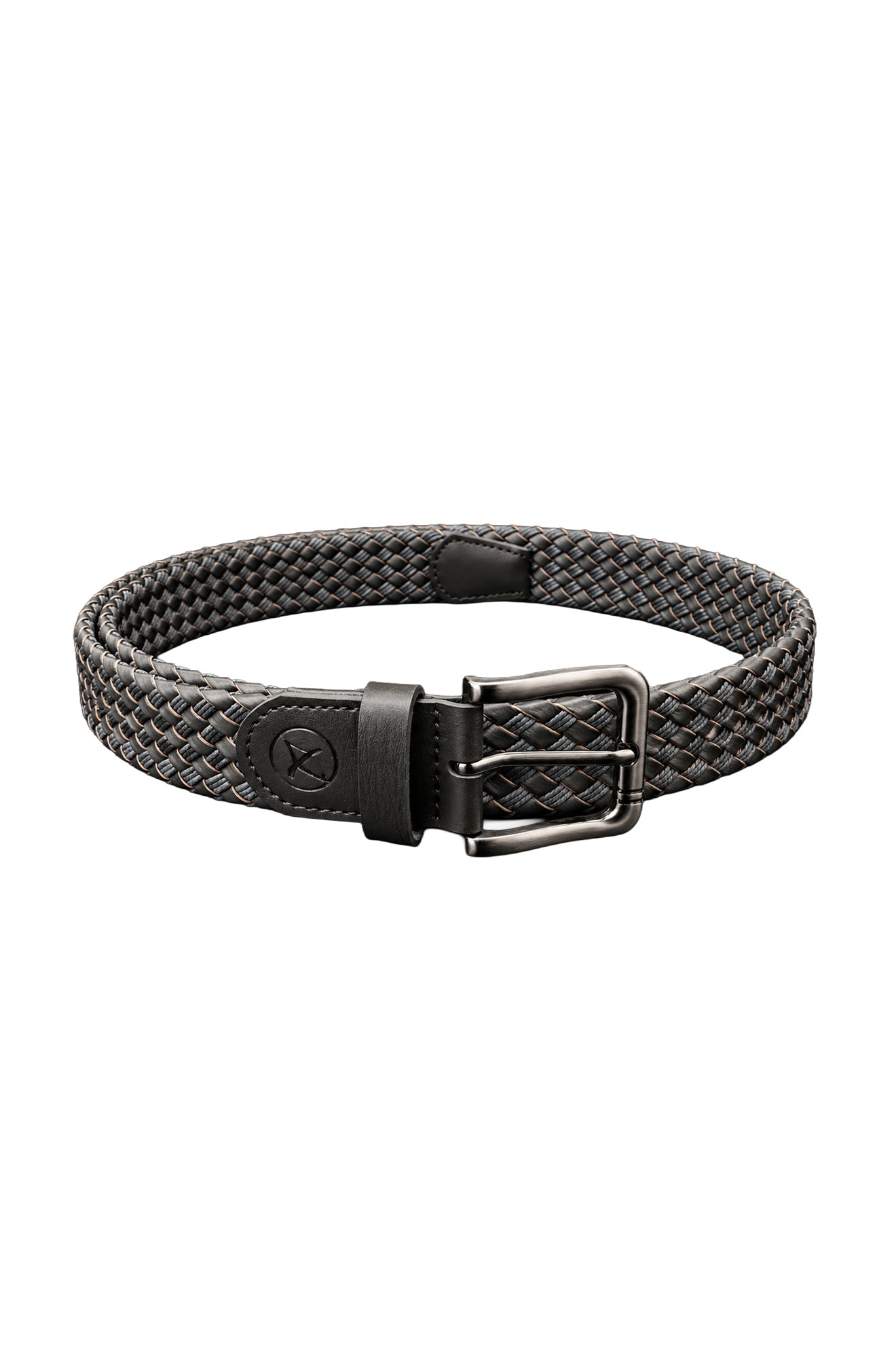 Au Noir men's black braided leather belt with gunmetal buckle, keeper loop, and embossed logo tab, product view