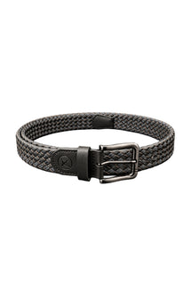 Au Noir men's black braided leather belt with gunmetal buckle, keeper loop, and embossed logo tab, product view