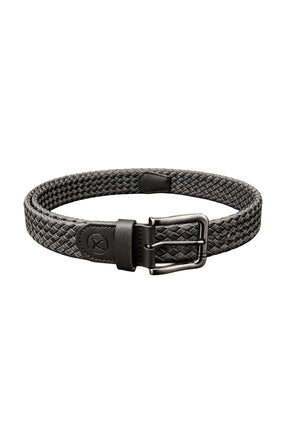 Au Noir men's black braided leather belt with gunmetal buckle, keeper loop, and embossed logo tab, product view