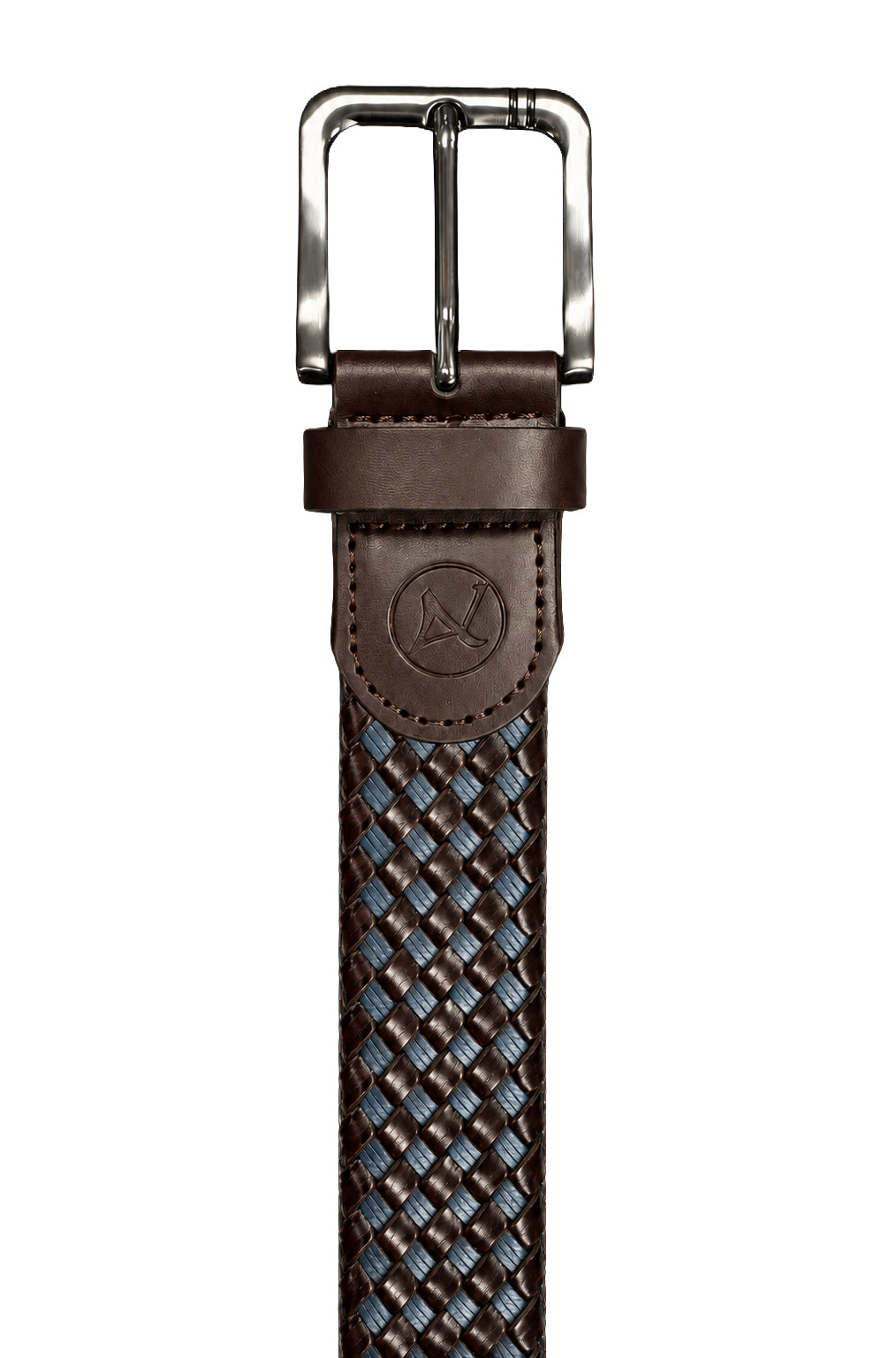 Au Noir men's brown and blue braided belt with silver-tone buckle and embossed leather tab, close-up