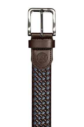 Au Noir men's brown and blue braided belt with silver-tone buckle and embossed leather tab, close-up