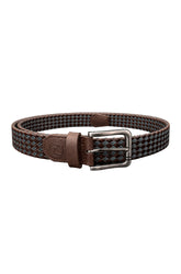 Au Noir men's brown and blue braided belt with silver-tone rectangular buckle and leather keeper, product view