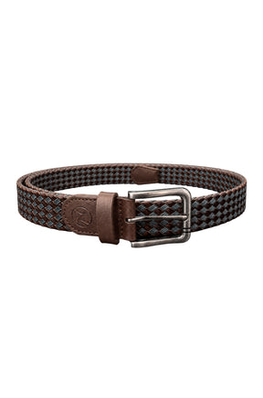 Au Noir men's brown and blue braided belt with silver-tone rectangular buckle and leather keeper, product view