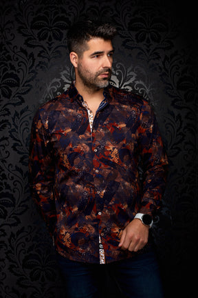 Au Noir men's navy abstract print button-up shirt with rust accents and contrast placket, front view