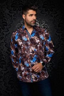 Front view of men's brown abstract print button-up shirt with blue accents and dark buttons by Au Noir