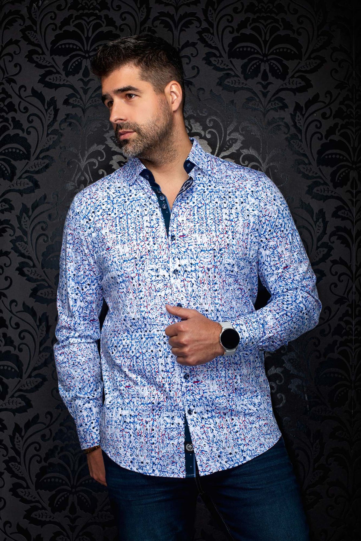 Au Noir men's white floral button-up shirt with blue and red print and navy placket trim, front model view