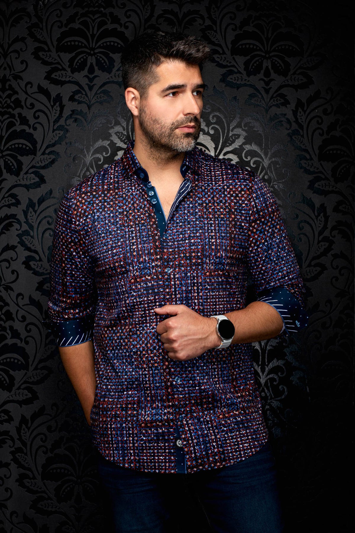 Au Noir men's navy button-up shirt with red and blue print and rolled contrast cuffs shown from the front