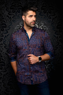 Au Noir men's navy button-up shirt with red and blue print and rolled contrast cuffs shown from the front