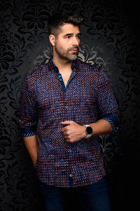 Vue de face d’une chemise boutonnée marine à motif rouge et bleu, poignets contrastants roulés pour homme par Au Noir