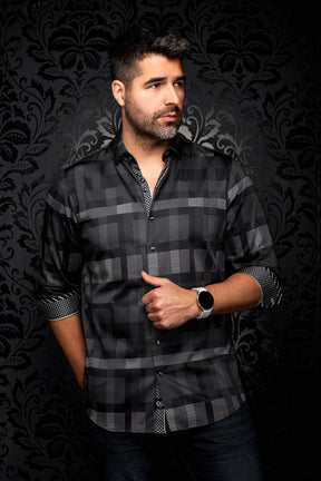 Men's black shirt with gray check pattern, front model view with rolled sleeves and glossy buttons by Au Noir