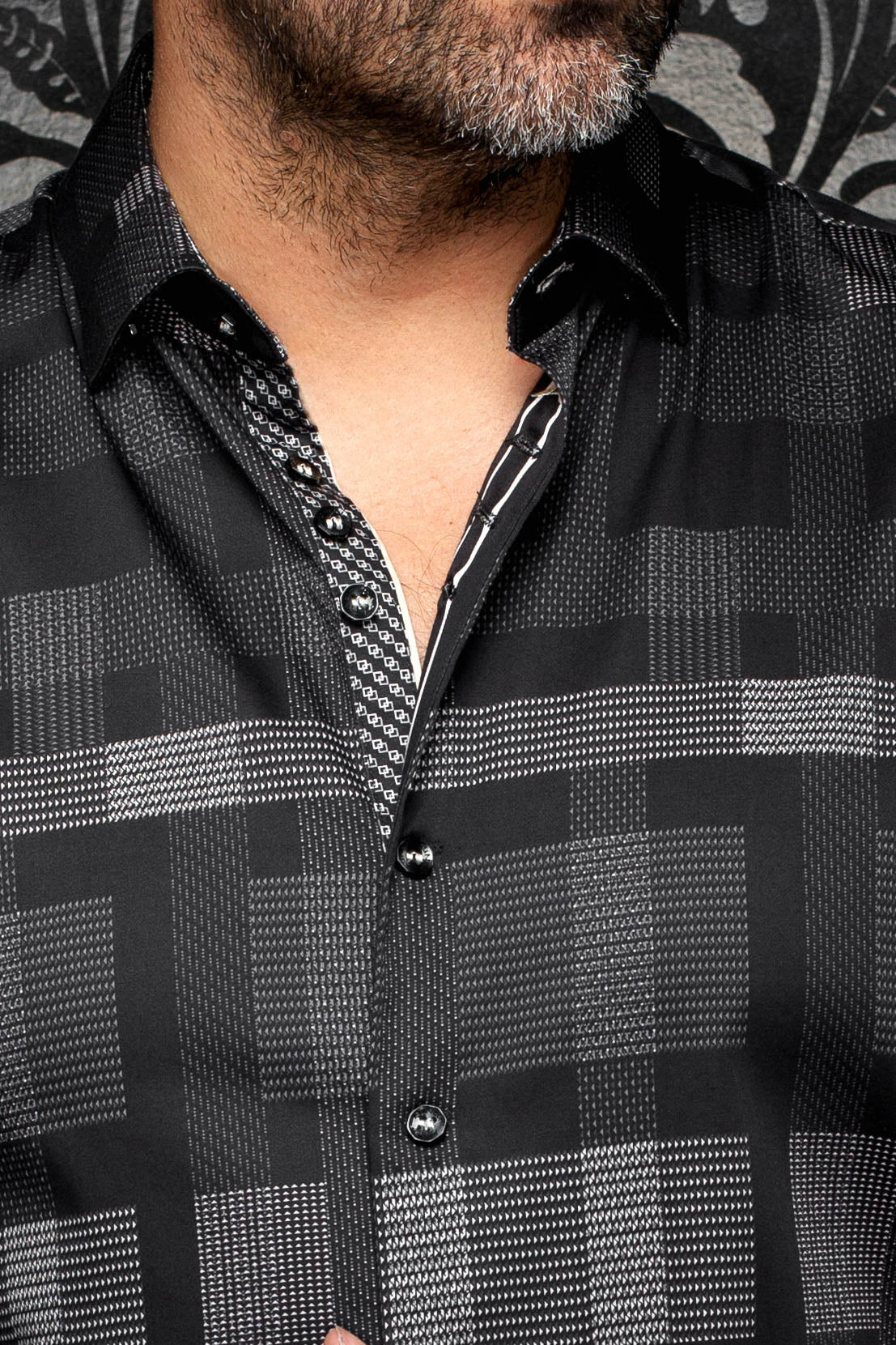 Au Noir men's black and gray check shirt collar, button placket, and patterned inner trim, close-up