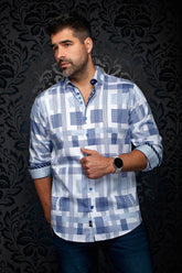 Au Noir men's white shirt with blue geometric check print, rolled cuffs, and blue buttons, front view