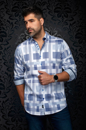 Au Noir men's white shirt with blue geometric check print, rolled cuffs, and blue buttons, front view