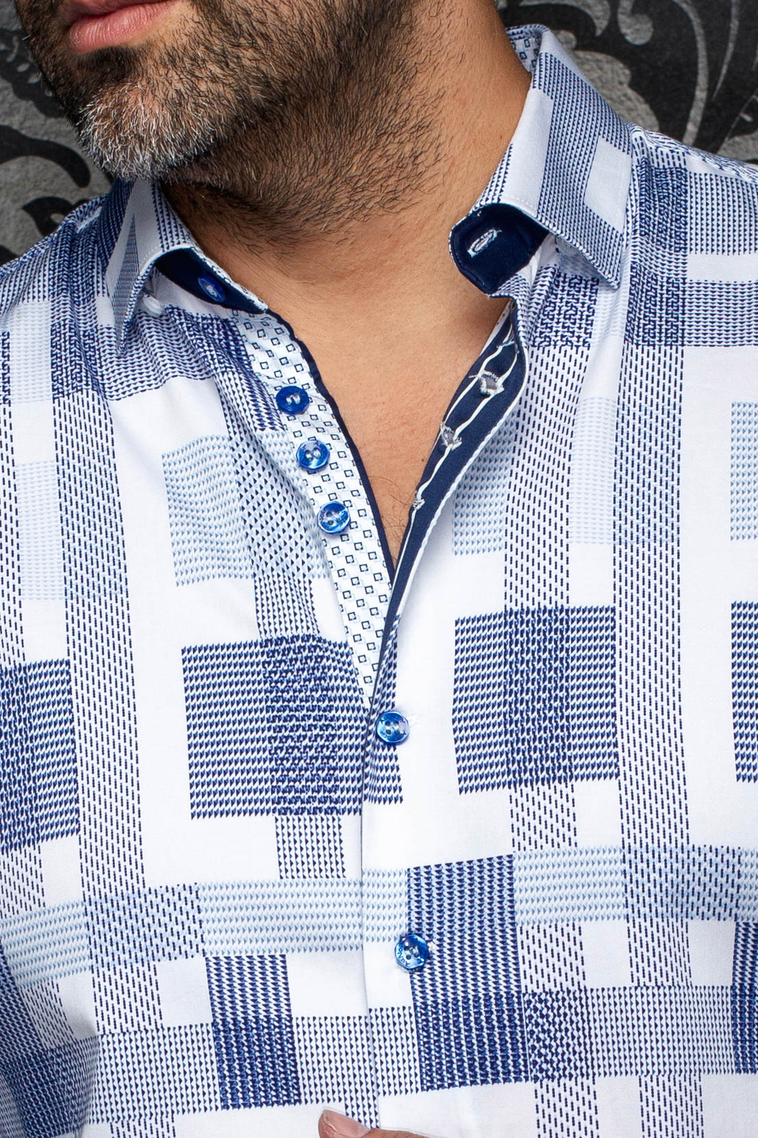 Au Noir men's white and blue check shirt collar, blue buttons, and contrast inner placket, close-up