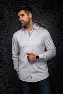 Men's light gray patterned button-up shirt on model, front view with point collar and white buttons by Au Noir
