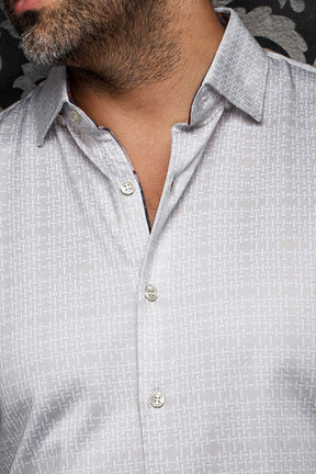 Au Noir men's light gray patterned shirt collar, button placket, and subtle contrast trim, close-up