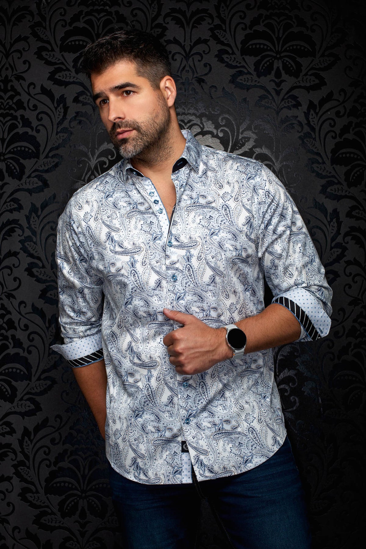Au Noir men's white paisley button-up shirt with blue print, rolled cuffs and contrast trim, front view