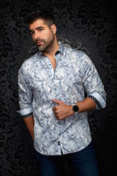 Chemise blanche à motif cachemire bleu, poignets roulés contrastants pour homme par Au Noir, vue de face