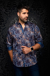 Au Noir men's navy paisley button-up shirt with rolled sleeves and contrast cuffs, front view