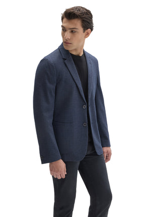Robert Barakett men's angled front view of navy textured sport blazer with cuff button, patch pocket and two-button closure