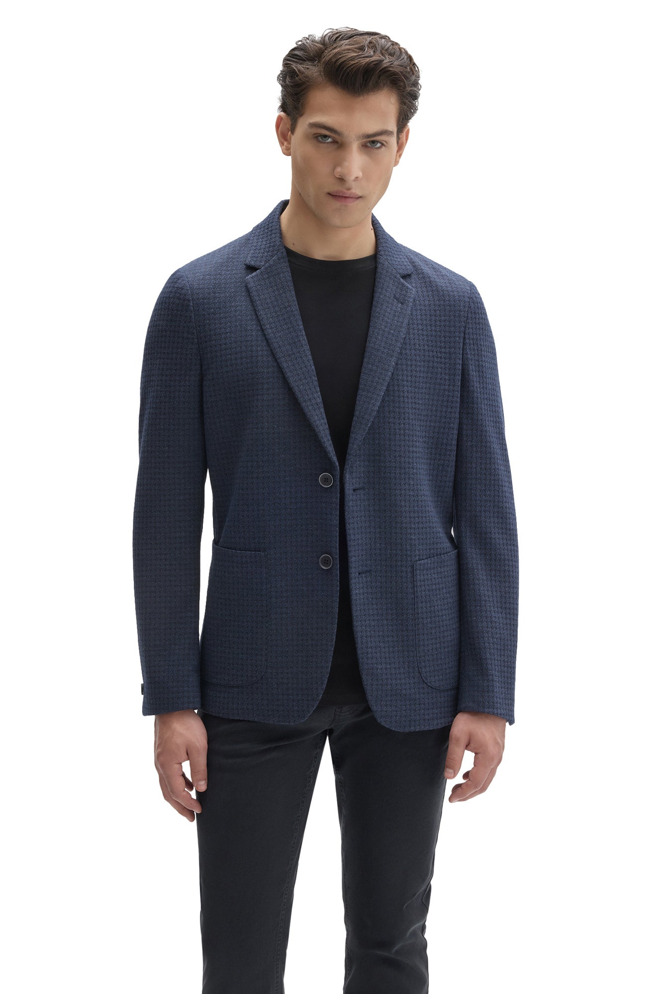 Robert Barakett men's navy textured sport blazer with patch pockets, two buttons and notched lapels shown from the front