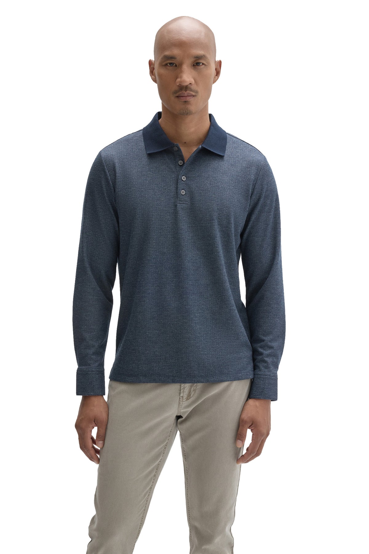 Robert Barakett men's blue textured long sleeve polo with button placket and dark ribbed collar, front view