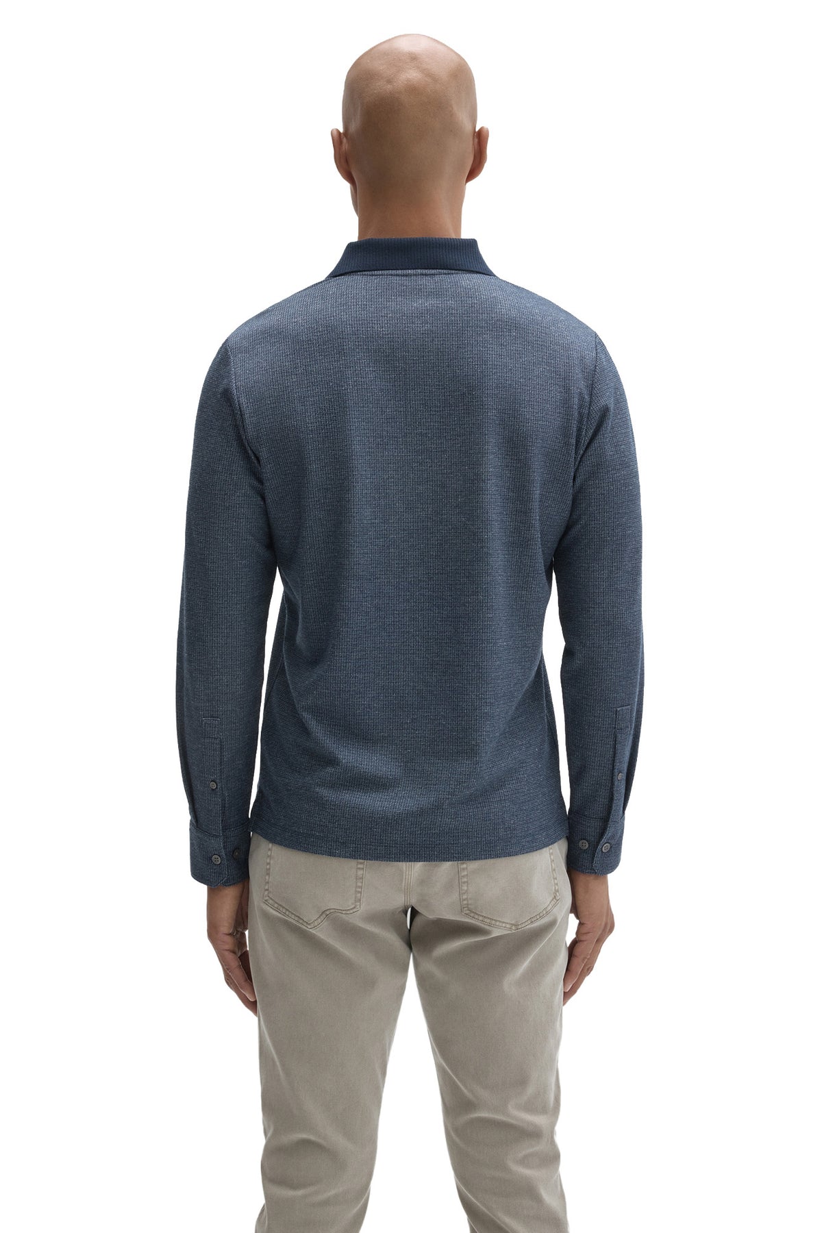Robert Barakett men's blue textured long sleeve polo with buttoned cuffs and dark ribbed collar shown from the back
