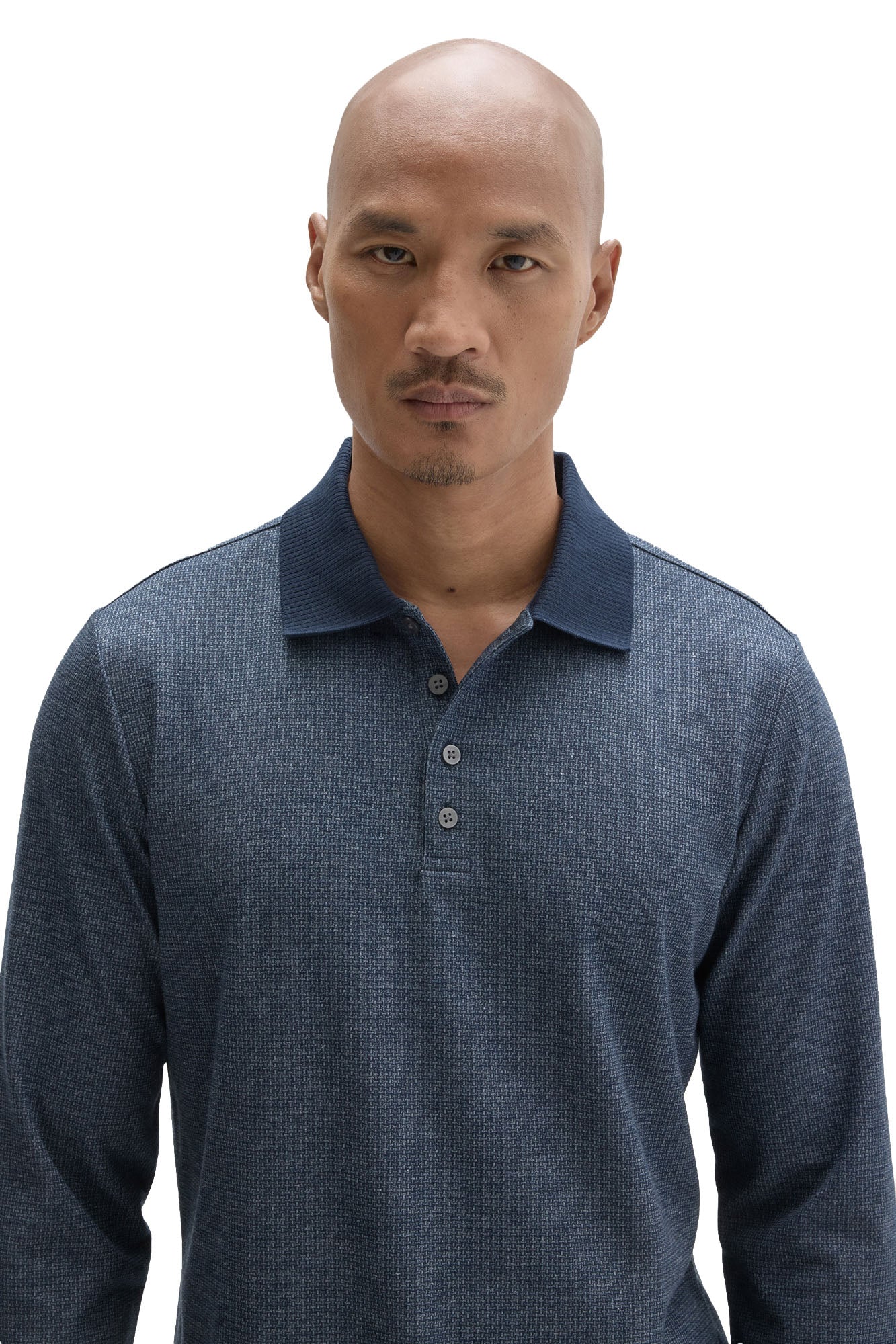 Robert Barakett men's close front detail of blue textured long sleeve polo with gray buttons and dark ribbed collar