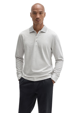 Robert Barakett men's light grey long sleeve polo with button placket and ribbed collar, front view