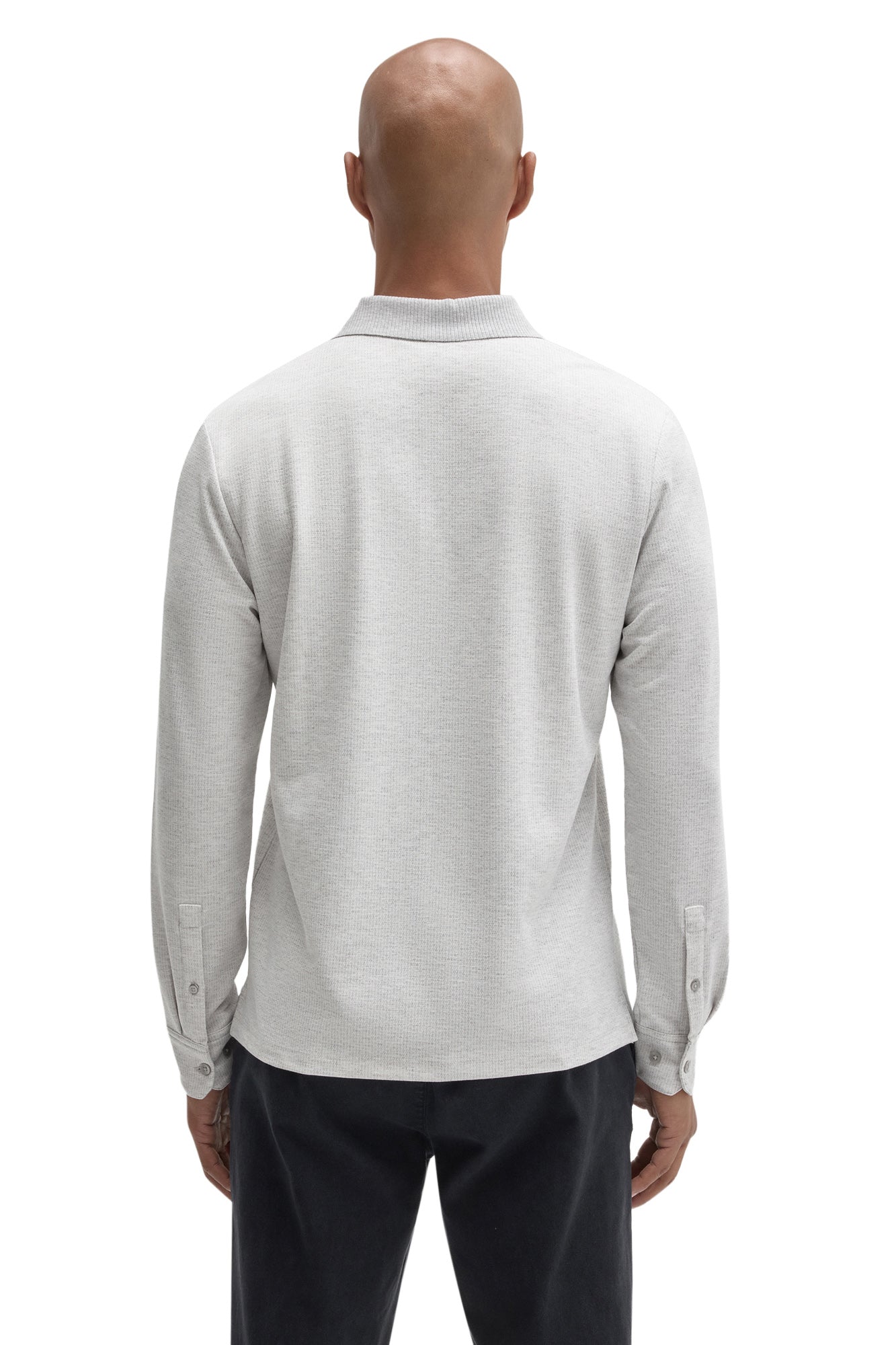 Robert Barakett men's light grey long sleeve polo with buttoned cuffs and ribbed collar shown from the back