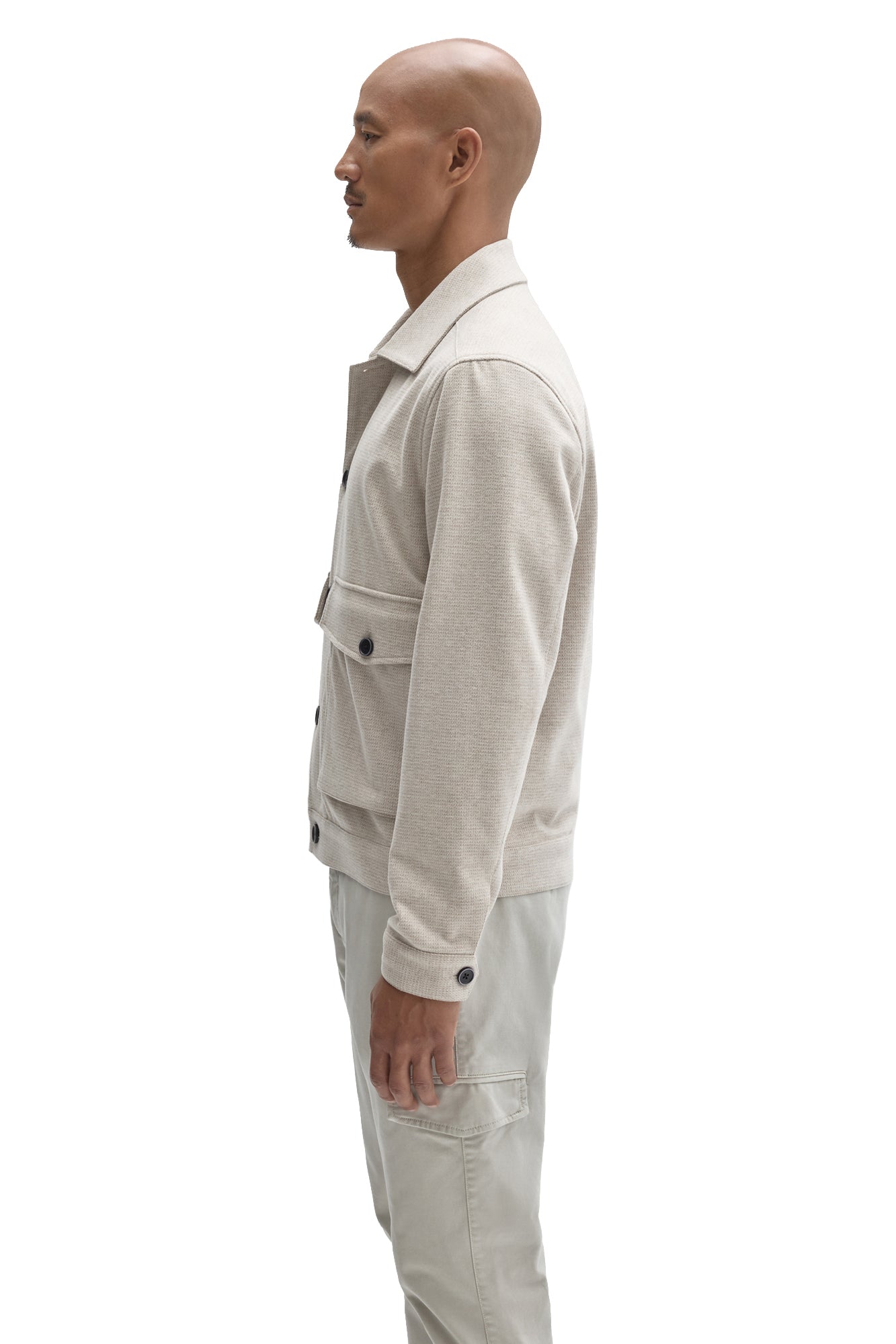 Robert Barakett men's cream textured button-front jacket with cuff tab, dark buttons and flap pocket shown from the side